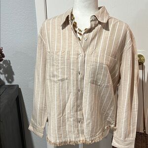 Liverpool Beige and White Striped Button-Down Shirt